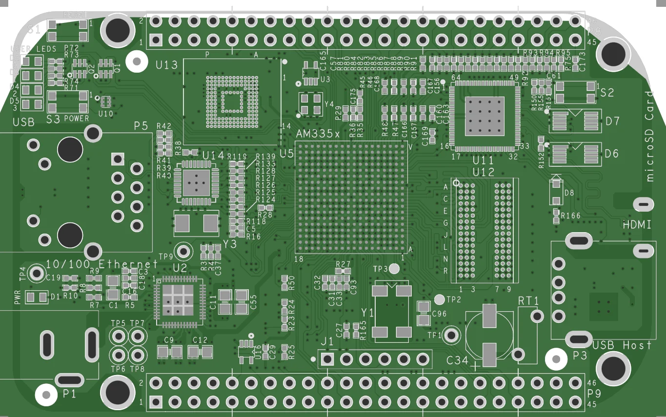 BeagleBone Black 顶层板图，由官方公开的制版文件渲染