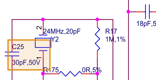 官方原理图第 3 页：24MHz 晶振旁的 C25，30pF